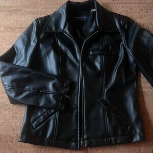 vintage liz claiborne sport black faux leather jacket with zipper front and pock